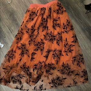 Source Unknown Orange and Black Embroidered Midi Skirt